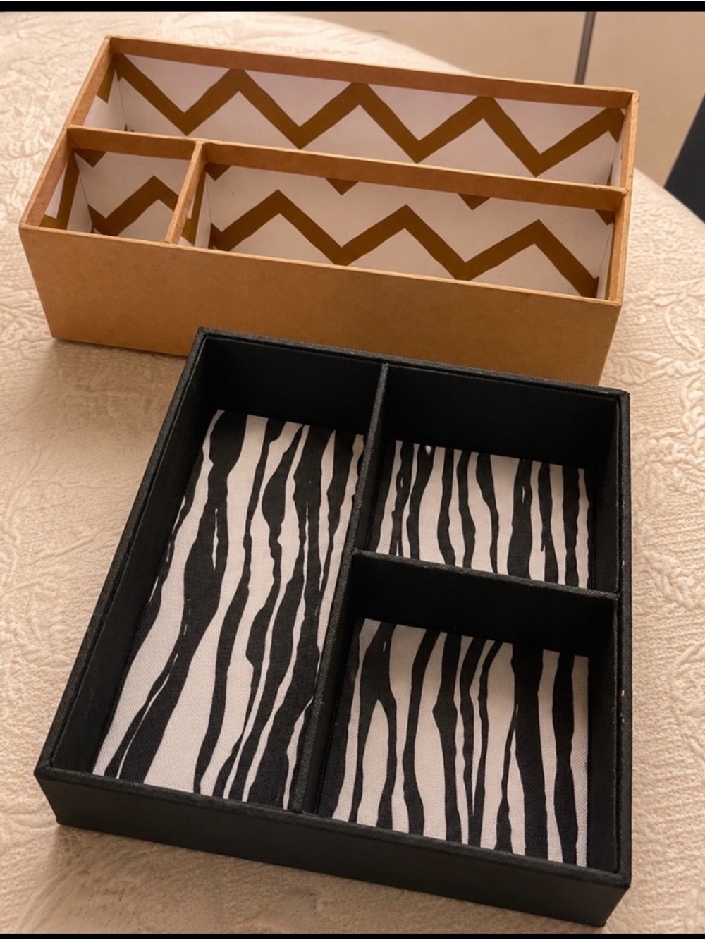 Two Zebra Print Fabric Drawer Organizer & Chevron Jewelry Organizer
